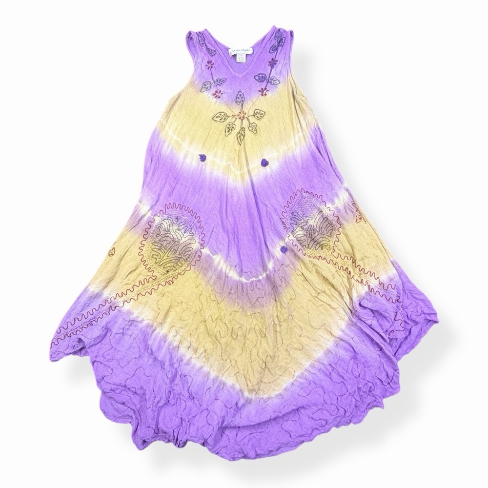 Jessica Taylor Boho Purple & Tan With‎ Embroidery Tie-Dye Sleeveless Dress 1X